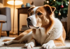 a brown and white dog laying on the floor next to a christmas tree