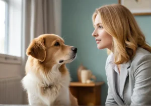 a woman and her dog looking at each other dogs in the living room