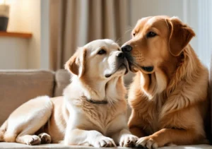 two dogs are laying on the couch and one is kissing the other dog