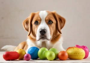 a dog looking at the camera with easter eggs in front of his face