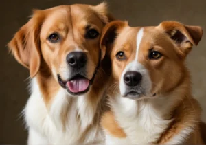 two dogs are looking at the camera and one is sticking its tongue out