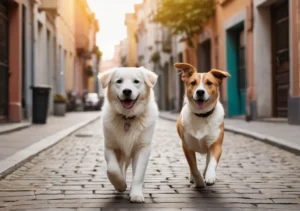 two dogs running down the street in front of a building with their mouths open