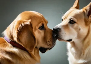 two dogs are looking at each other dogs in the same picture, one is looking at the other dog