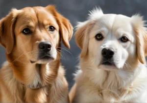 two dogs looking at the camera with their eyes open and one looking up to the camera