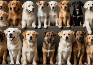 a group of dogs sitting on top of a wooden bench in front of a gray background
