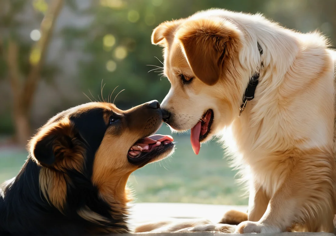 two dogs are sitting on the ground and one is looking at the other dog