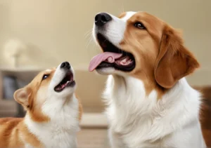 two dogs are looking at each other dogs in the same direction, one is sticking its tongue to the other dog's mouth