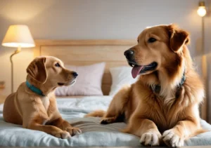two dogs sitting on top of a bed next to each other dog breeds