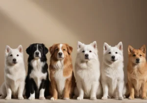 6 dogs of various colors standing in line looking at the camera