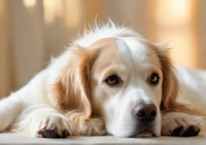 a white and brown dog laying on top of a white couch next to a window