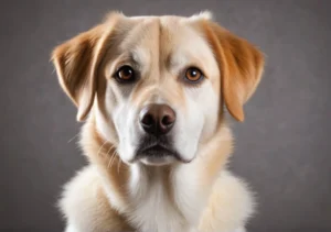 a close up of a dog's face on a gray background with a black background