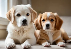 two pup sitting on a couch looking at the camera with their eyes open
