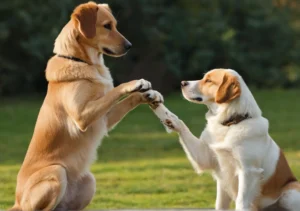 two dogs touching paws in the field in daylight