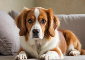 a brown and white dog laying on top of a couch with its paws up