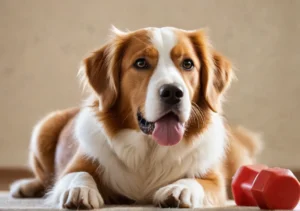 a brown and white dog laying on the floor with a toy in its mouth