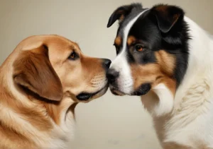 two dogs are looking at each other dogs, one is kissing and the other is looking at the other dog