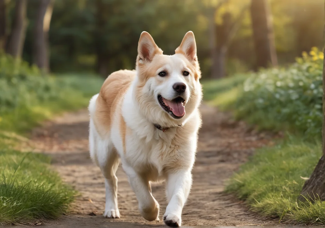 a dog running down a dirt path in the woods with the sun shining through the trees