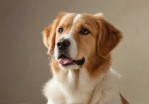 brown and white dog standing in the room