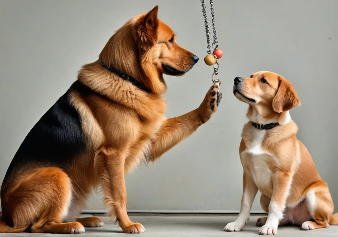 two dogs playing with a ball on a chain, one is looking at the other dog