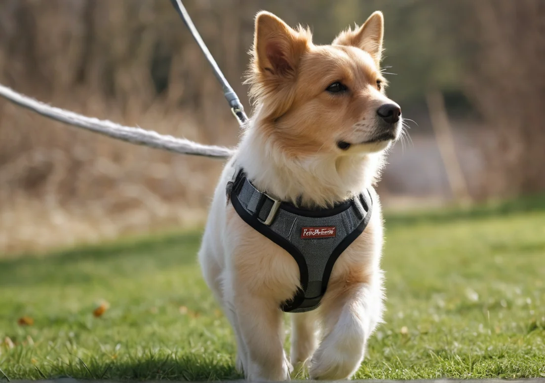 borwn and white dog wearing a harness on a leash in the field