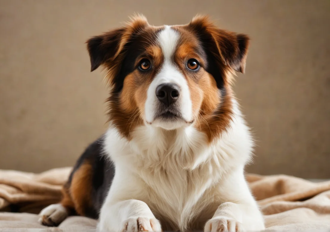 a brown and white dog laying on top of a bed with a blanket