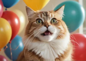 a cat is sitting in front of a bunch of balloons and looking up at the camera