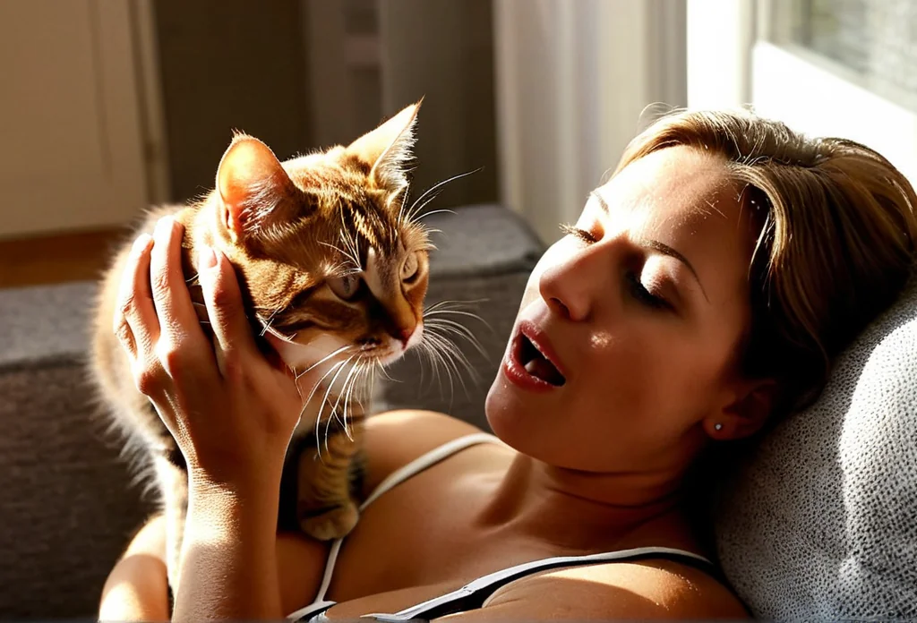 a woman laying on a couch with a cat in her lap