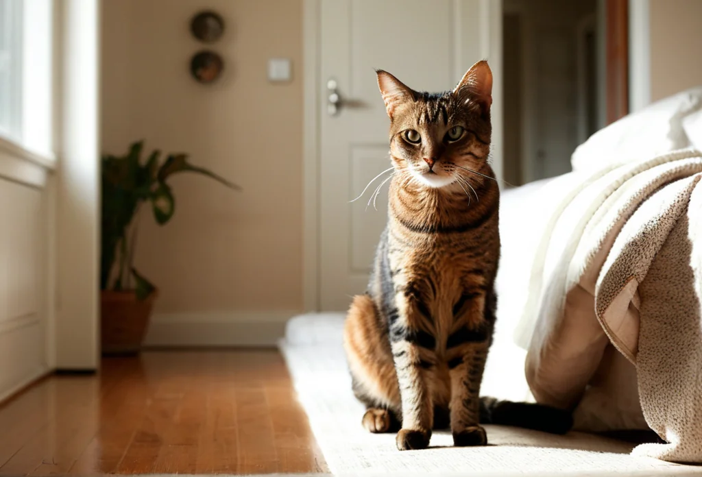 a cat sitting on the floor in front of a bed with a blanket