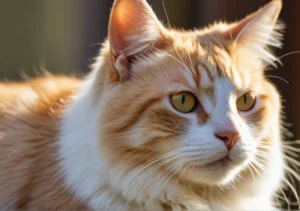 an orange and white cat sitting on top of a wooden bench looking at the camera