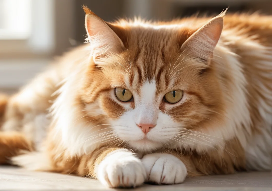 an orange and white cat laying on the floor with its paw up to the camera