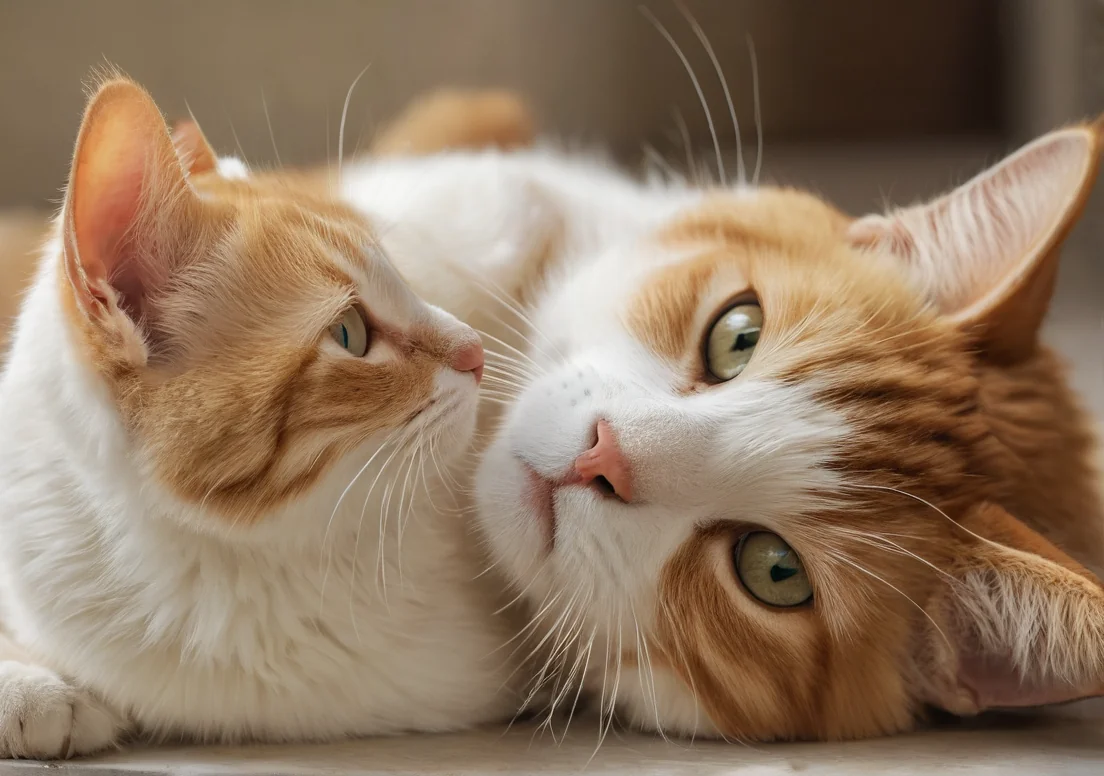 two cats laying next to each other cats on the floor looking at each other cats