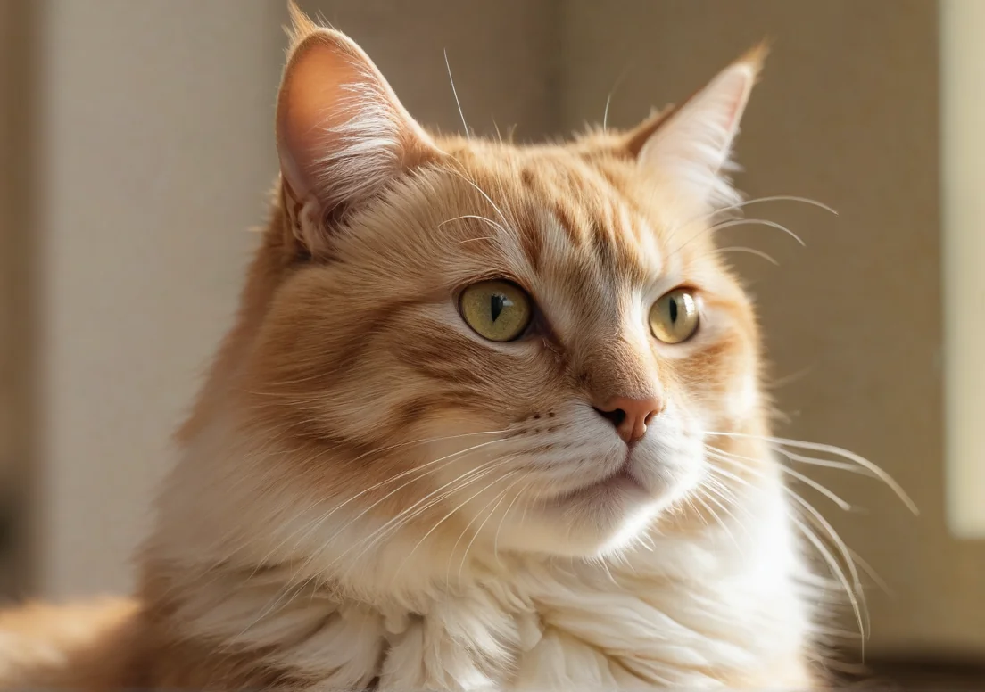 an orange and white cat with green eyes sitting on the floor looking at the camera