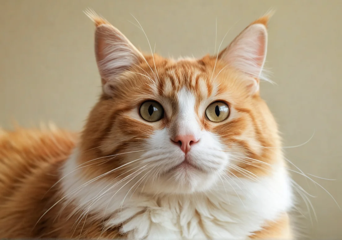 an orange and white cat sitting on top of a table with green eyes