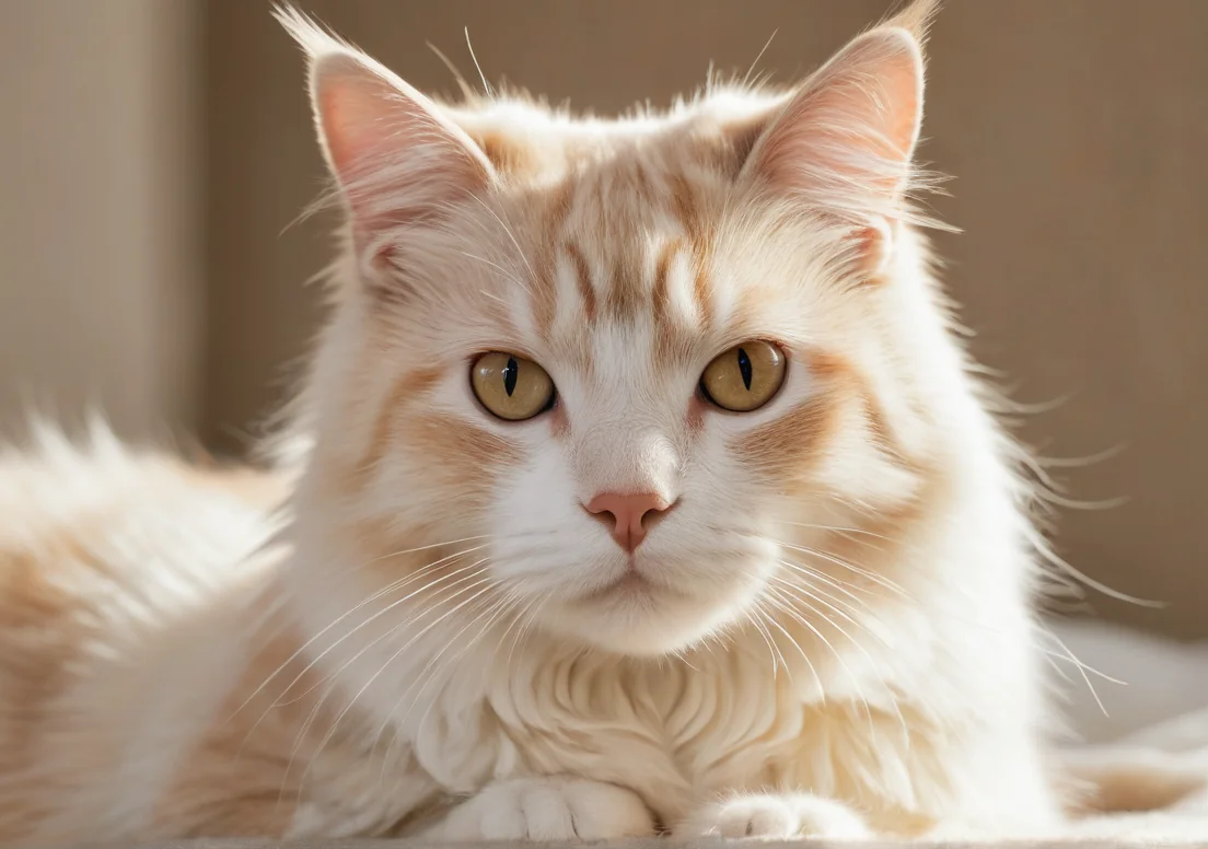 an orange and white cat with green eyes laying on a white blanket looking at the camera