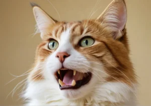 a cat with its mouth open and it's mouth wide, showing the teeth