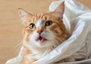 an orange and white cat is sitting in a white bag with its mouth open