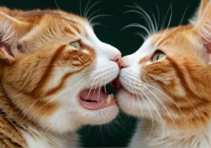 two orange and white cats with their mouths open, one is licking at the other