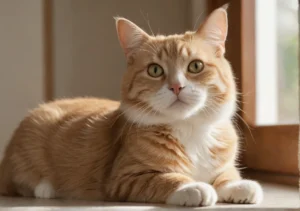 an orange and white cat laying on the floor next to a window looking at the camera