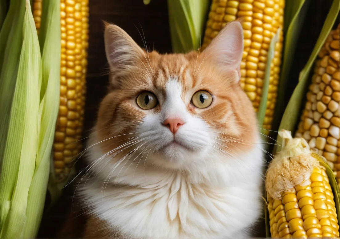 an orange and white cat sitting in front of a pile of yellow corn