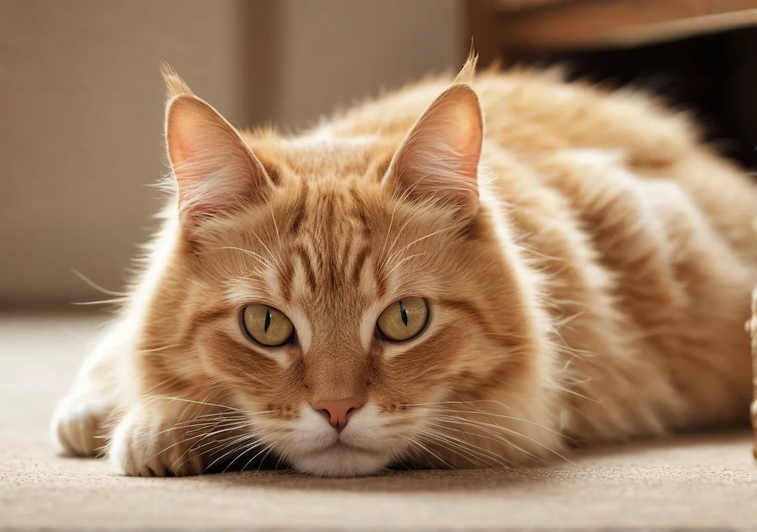 an orange cat laying on the floor looking at the camera with green eyes