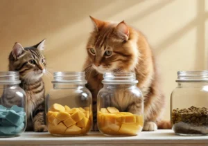 two kittens sitting on top of a table next to jars filled with food