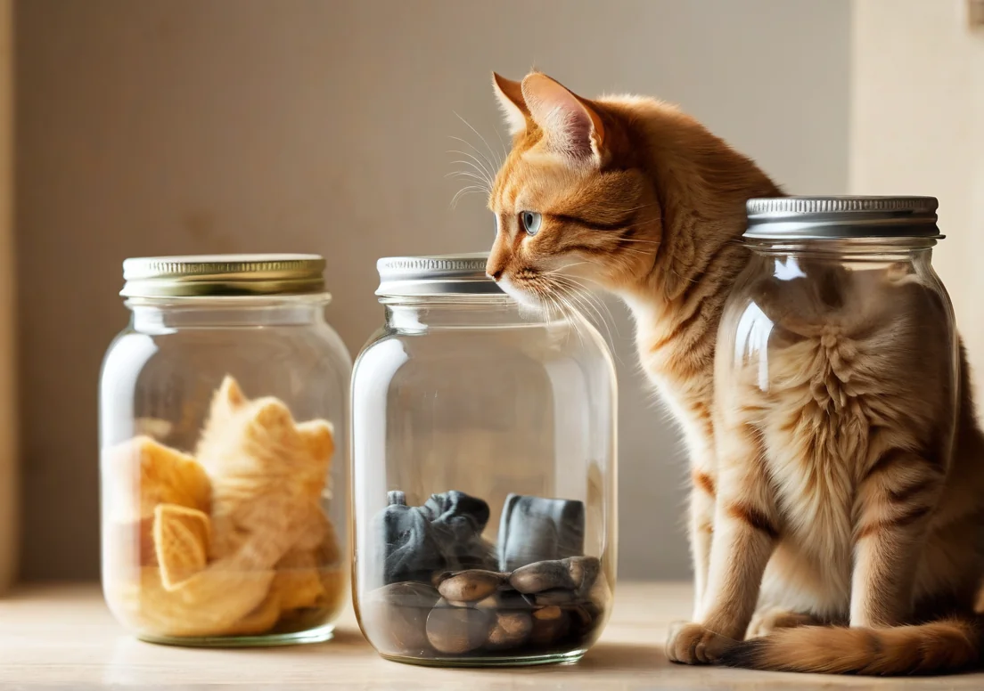 a cat sitting on the floor next to a glass jar filled with rocks