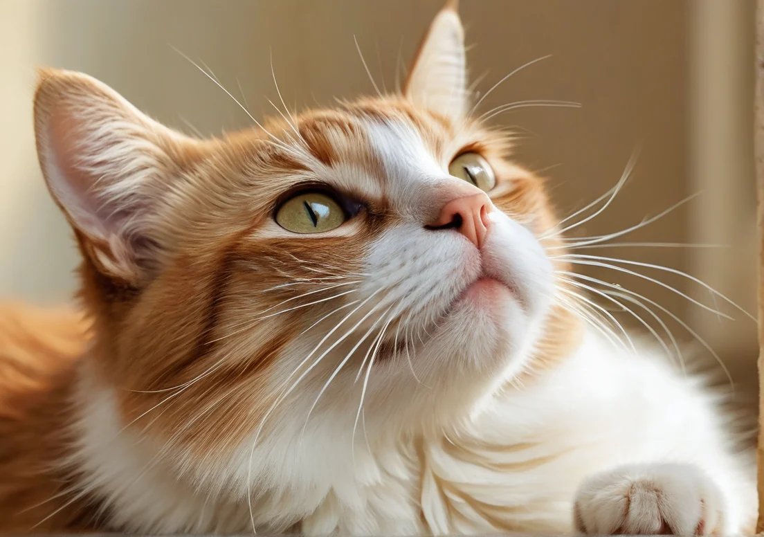 an orange and white cat with green eyes looking up at the sky from a window