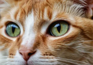 a close up of a cat's face with green eyes and white whiss