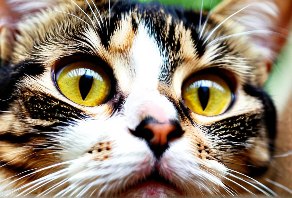 a close up of a cat's face with yellow eyes and white whiskers