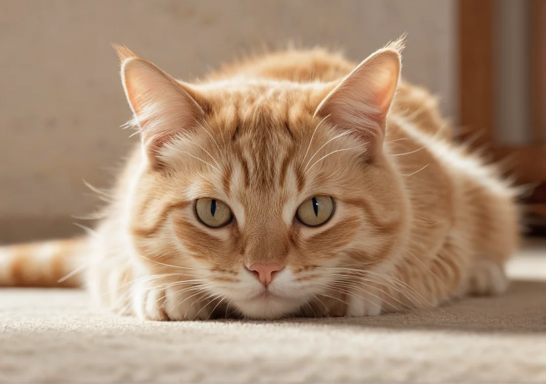 an orange cat laying on the floor looking at the camera with its eyes open