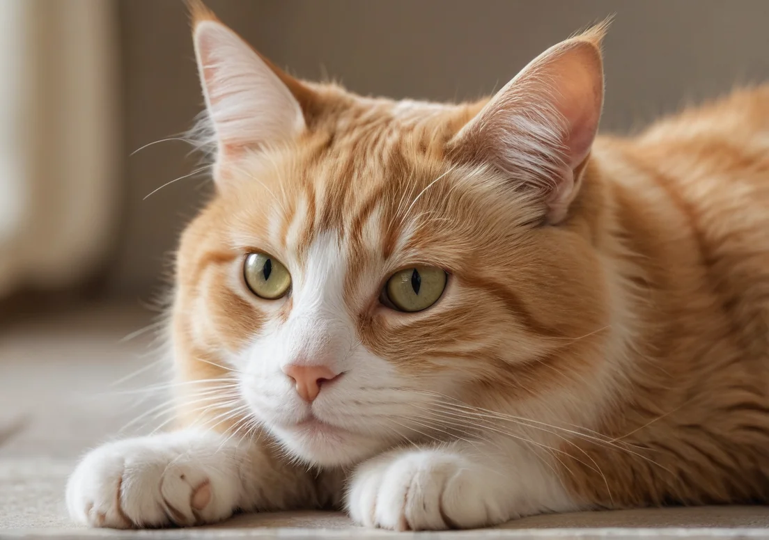 an orange and white cat laying down on the floor with its paw up