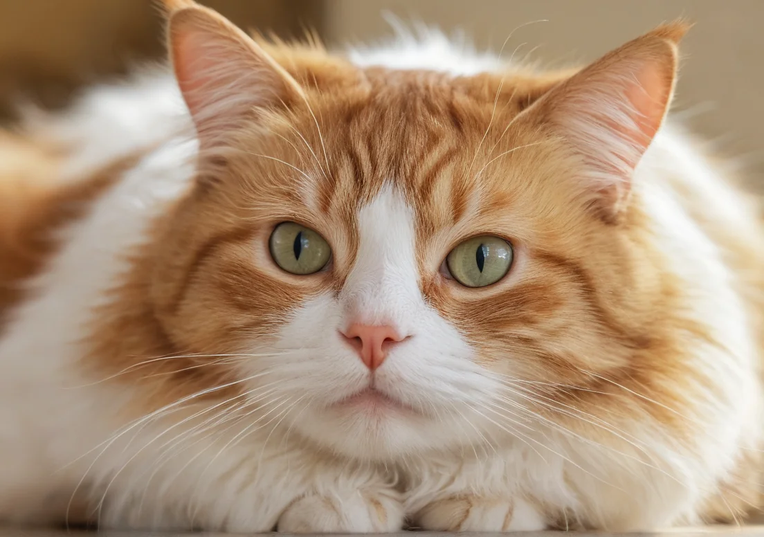 an orange and white cat with green eyes laying on the ground looking at the camera