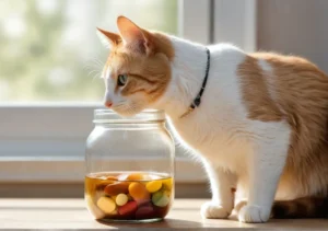 an orange and white cat looking at a jar of jelly beans on a windowsill