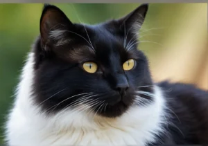 a black and white cat sitting on top of a wooden bench with yellow eyes